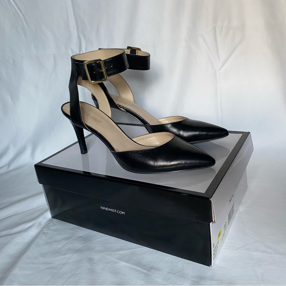 Nine West Callen Pumps Black Leather Heels Pointed Toe Ankle Strap Womens Sz 8 M